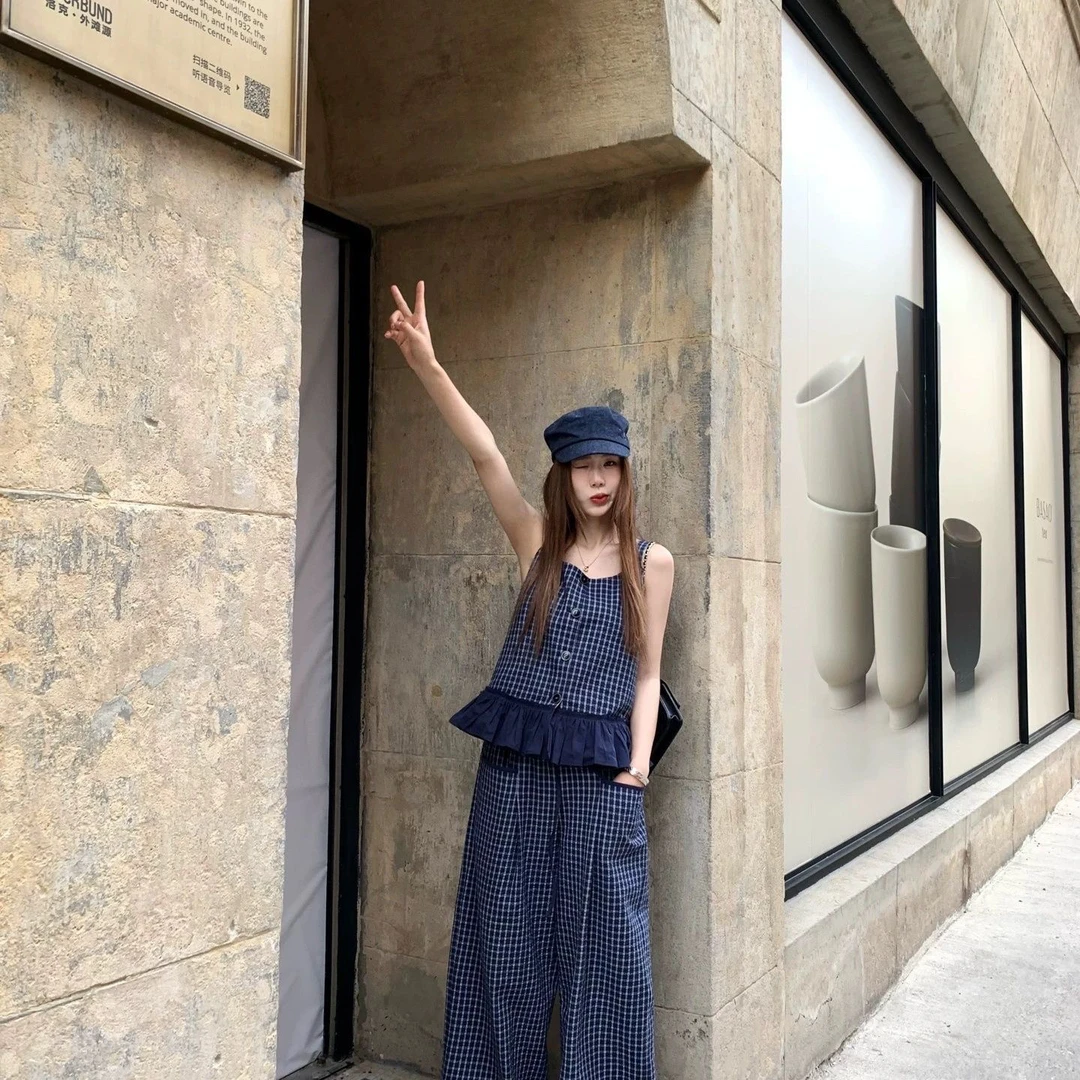 9883#大码夏季精灵少女撞色荷叶边格子上衣搭配百搭格子阔腿裤