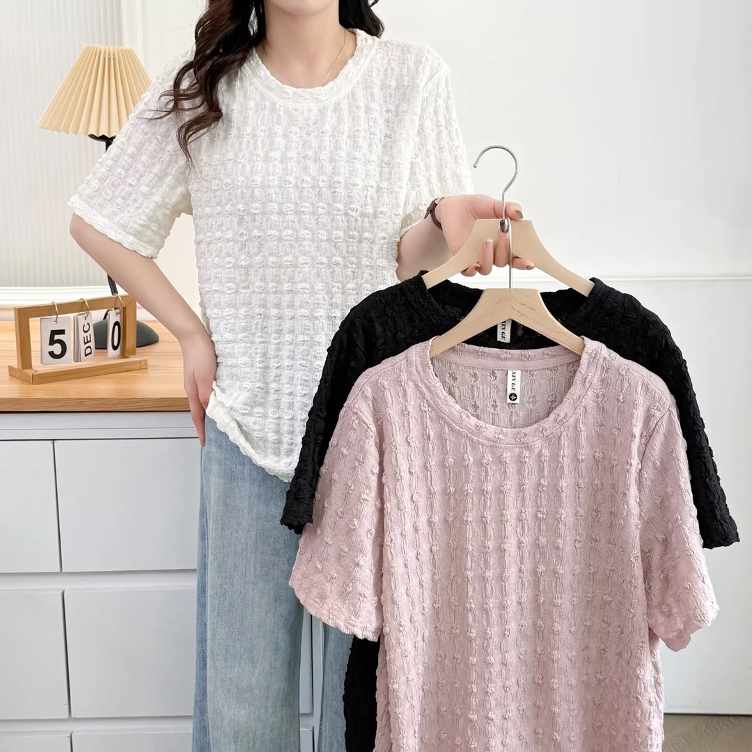 千寻--100-200斤大码女装夏季宽松显瘦休闲简约纯色泡芙短袖T恤