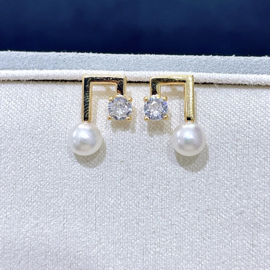 S925银 海水akoya珍珠 S925银音符款珍珠耳钉 5-6MM P1066