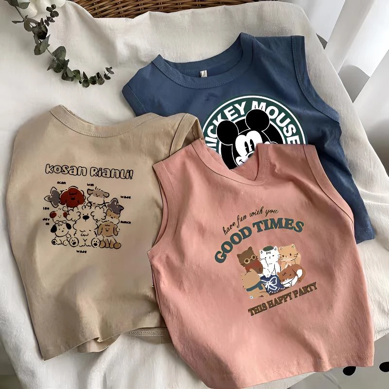 薄款无袖夏季男女童纯棉背心男童外穿可爱卡通印花韩版潮流上衣