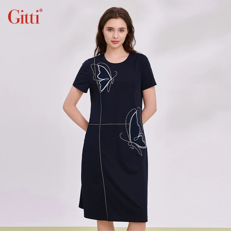 Gitti/吉蒂蝴蝶绣花圆领宽松通勤休闲连衣裙G251411