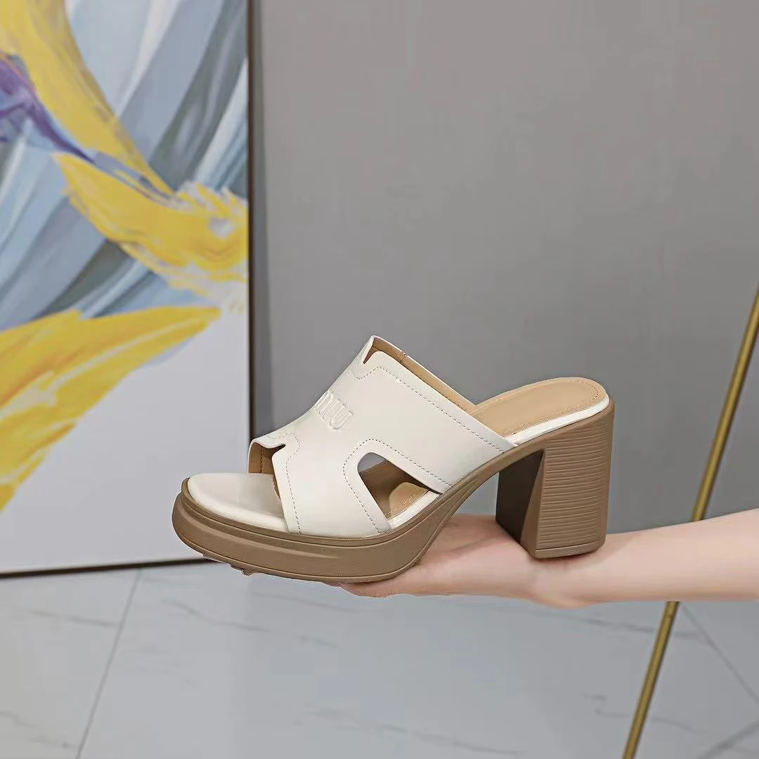 纯色凉拖鞋粗跟高跟波普风女士一字带凉鞋坡跟