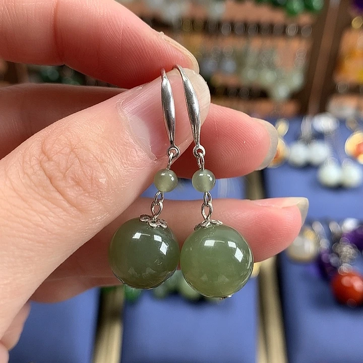 和田玉银S925镶嵌耳饰12左右晴水绿