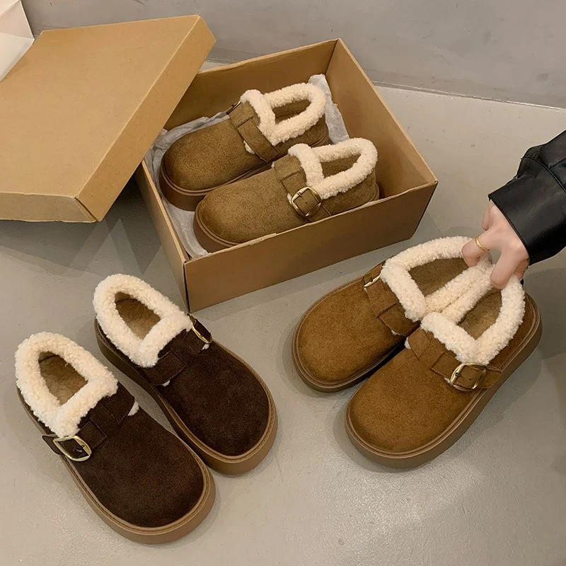 香港软皮厚底雪地靴女勃肯鞋冬季2025新款加绒加厚一脚蹬面包棉鞋