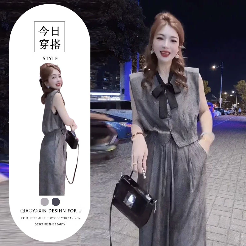 韩系穿搭时尚套装女装夏季新款高级感蝴蝶结无袖上衣阔腿裤两件套