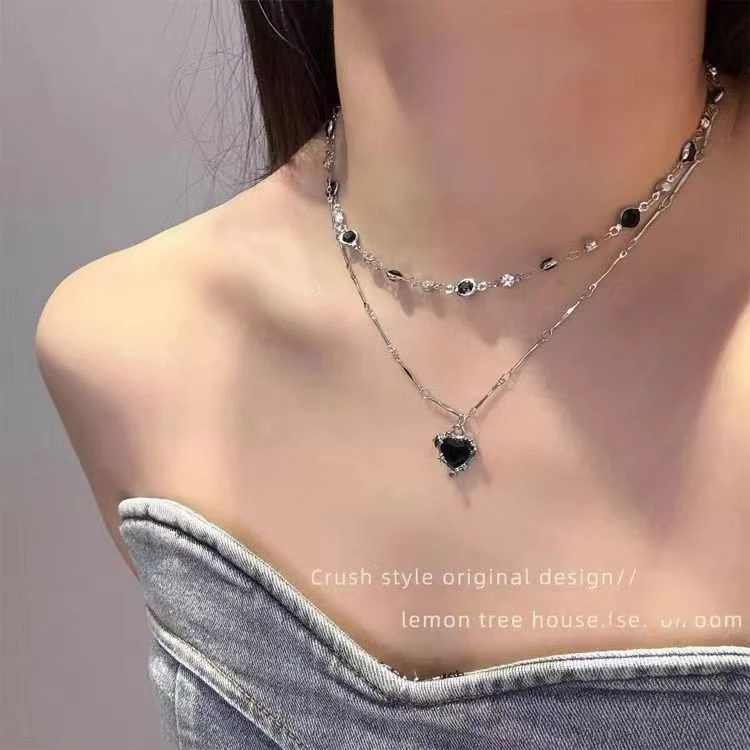 合金琉璃项链 0099甜酷风多层叠戴爱心项链女款辣妹锁骨链轻奢