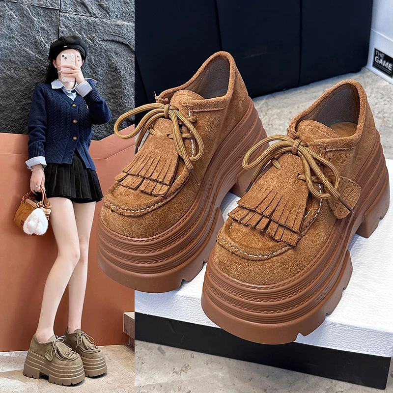 流苏厚底乐福鞋女2025新款早秋英伦风小皮鞋小个子内增高女鞋单鞋