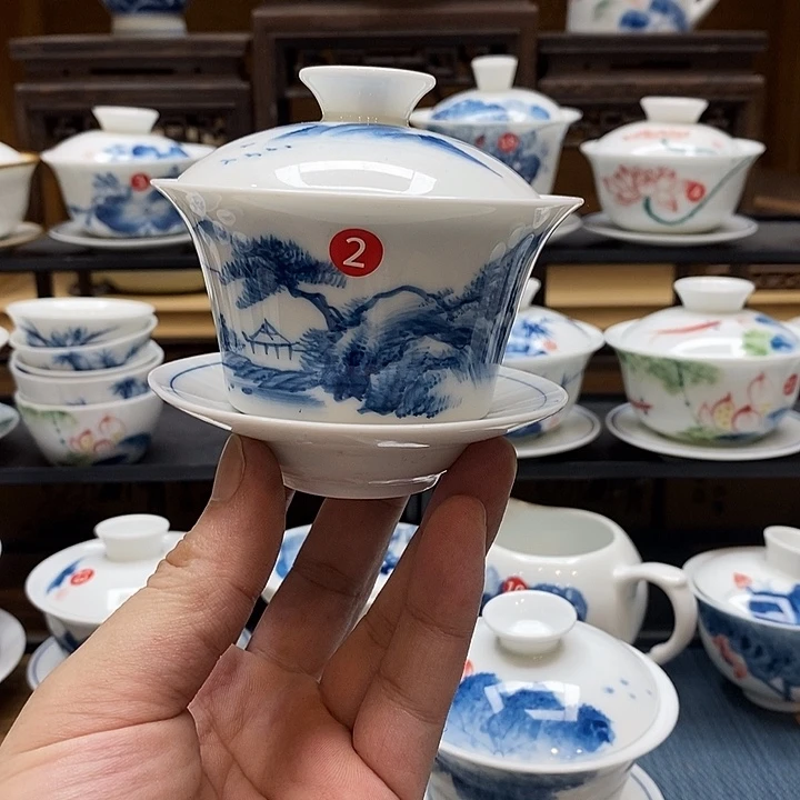 手绘微瑕山水盖碗