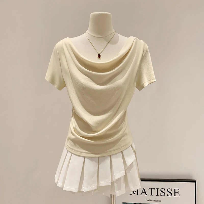 法式纯欲荡领短袖T恤女2025夏季新款修身一字肩褶皱露肩小众上衣