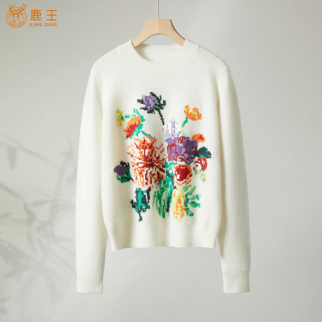King Deer/鹿王“百花齐放”女士圆领长袖羊绒衫L805601