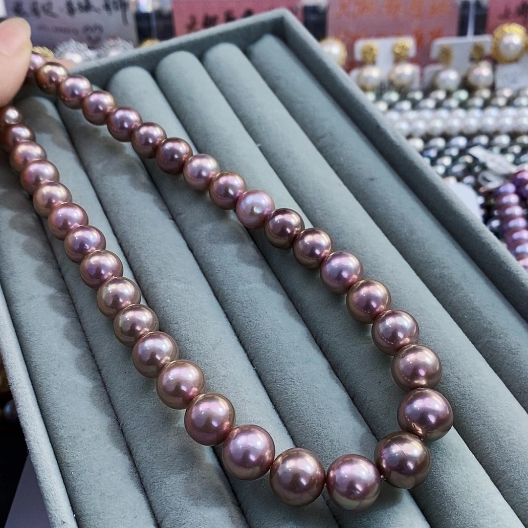 淡水珍珠淡水极光正圆丝滑高品质紫色珍珠项链未镶嵌