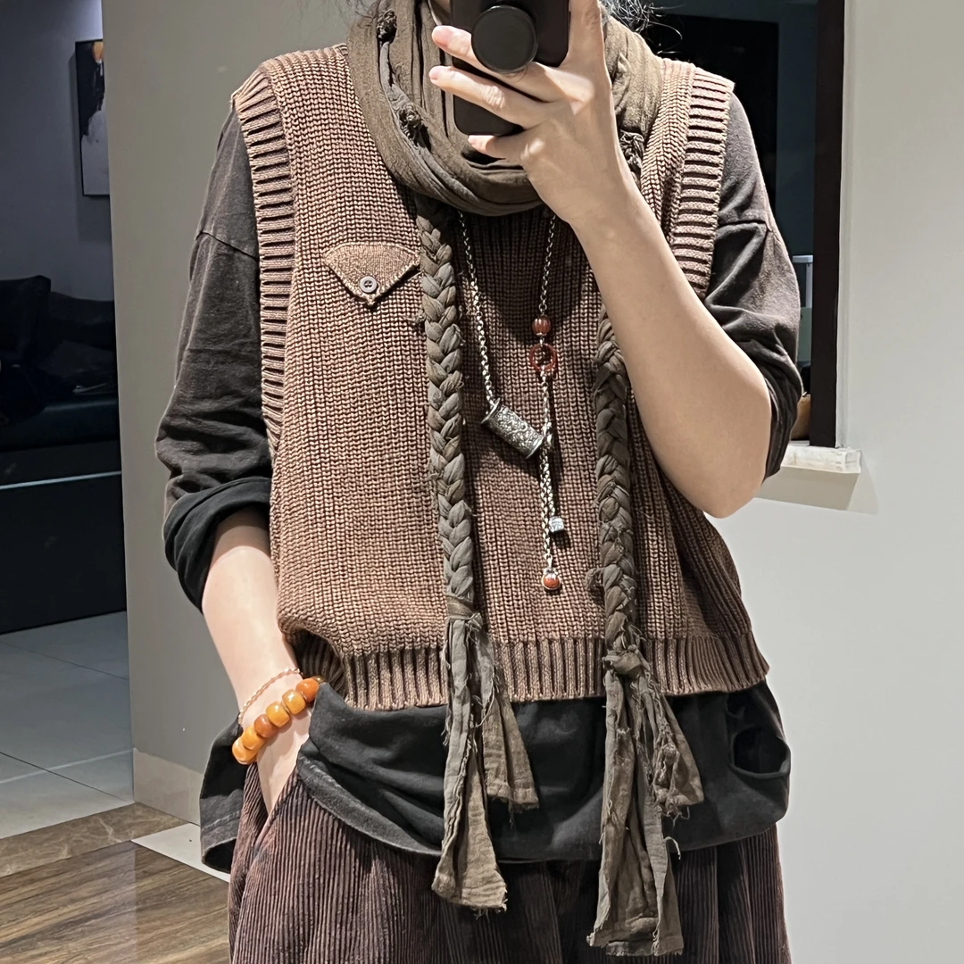 2025春棉线针织马甲炒色复古设计时尚小坎肩百搭休闲叠穿短款马夹