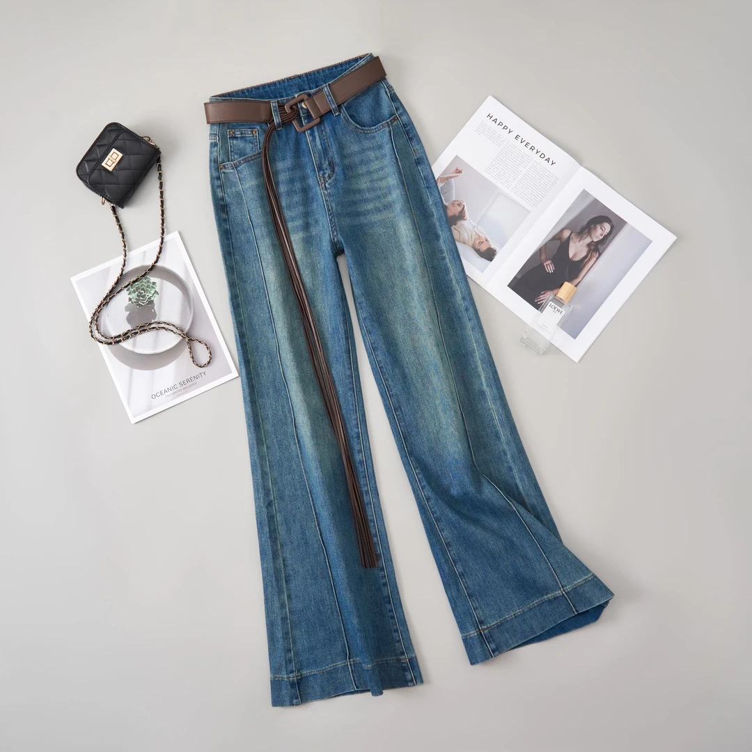2025【时尚皮带款】复古蓝牛仔长裤女高腰显高显瘦掐腰喇叭裤1010