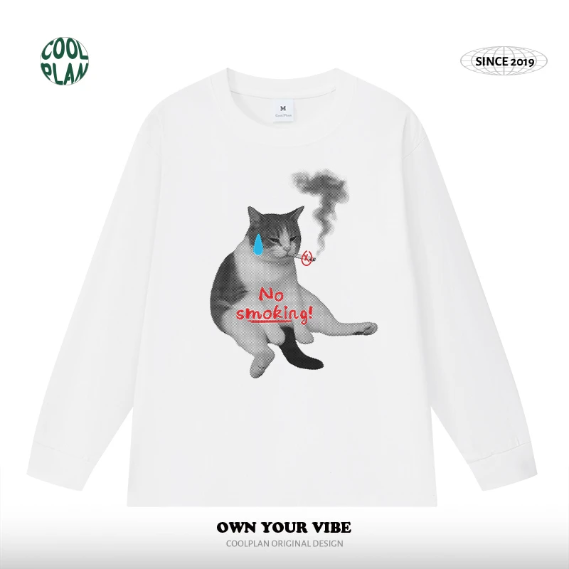 美式趣味不要吸烟no smoking猫圆领宽松男女潮牌小众T恤长袖秋冬