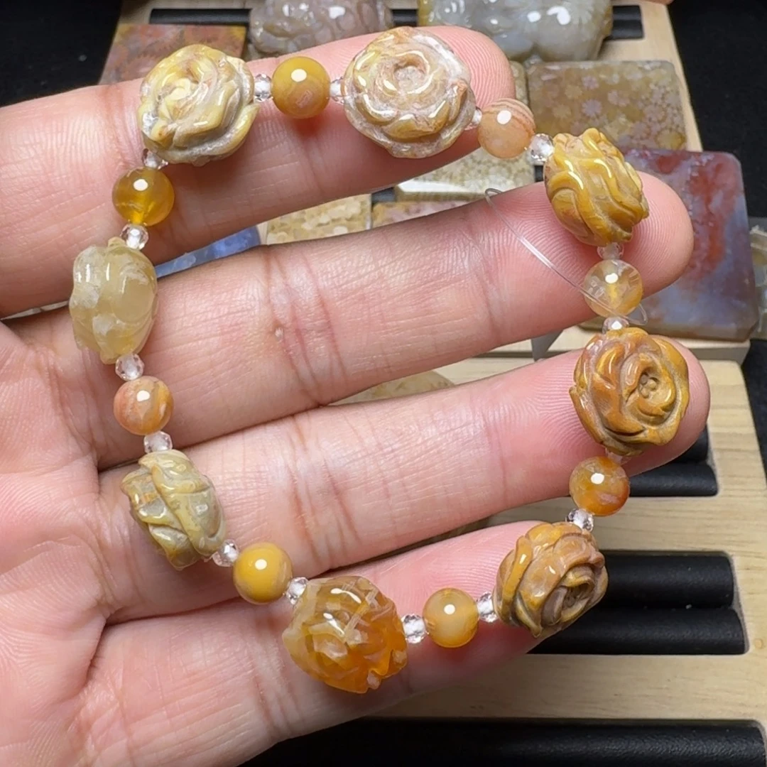 硅化玉未镶嵌纯天然色有机玉石保真色玫瑰花手链