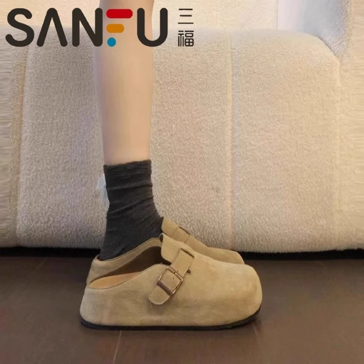 三福真皮厚底勃肯鞋女2025秋季新款复古懒人一脚蹬包头半拖鞋外穿