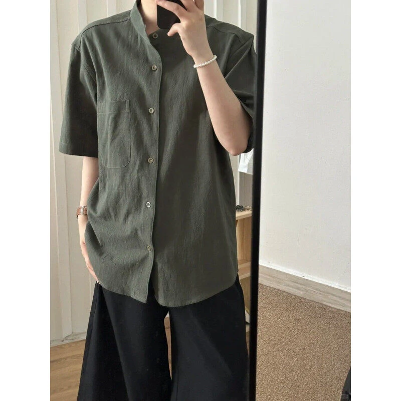 QNMN竹节棉高级感纯色衬衫简约大气复古夏季短袖薄款透气日系衬衫