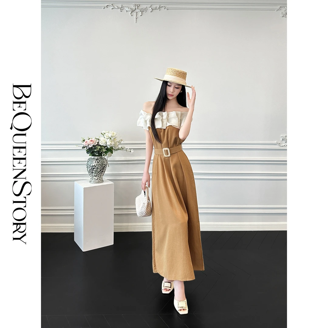 余潇潇【维纳斯庄园】天丝麻料腰带捏褶撞色一字肩连衣裙