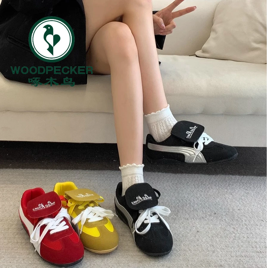 啄木鸟黑色厚底阿甘鞋女2025新款春季运动休闲板鞋增高德训鞋爆款