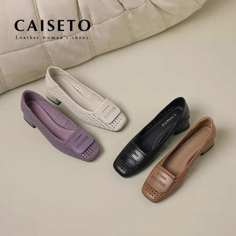 头层牛皮/4cm新款时尚方头百搭扣件低跟单鞋舒适真皮镂空女鞋D327