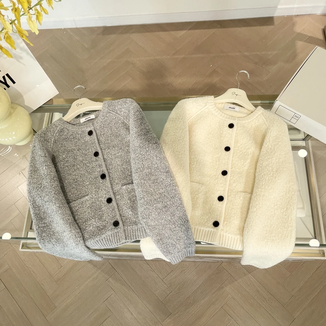 JILLYI【双色泰迪】灰白两色圆领单排扣简约百搭针织开衫秋季时尚