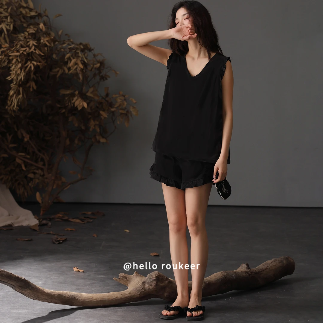 带胸垫睡衣女款夏季薄款吊带莫代尔冰丝背心短裤长裤纯欲风家居服