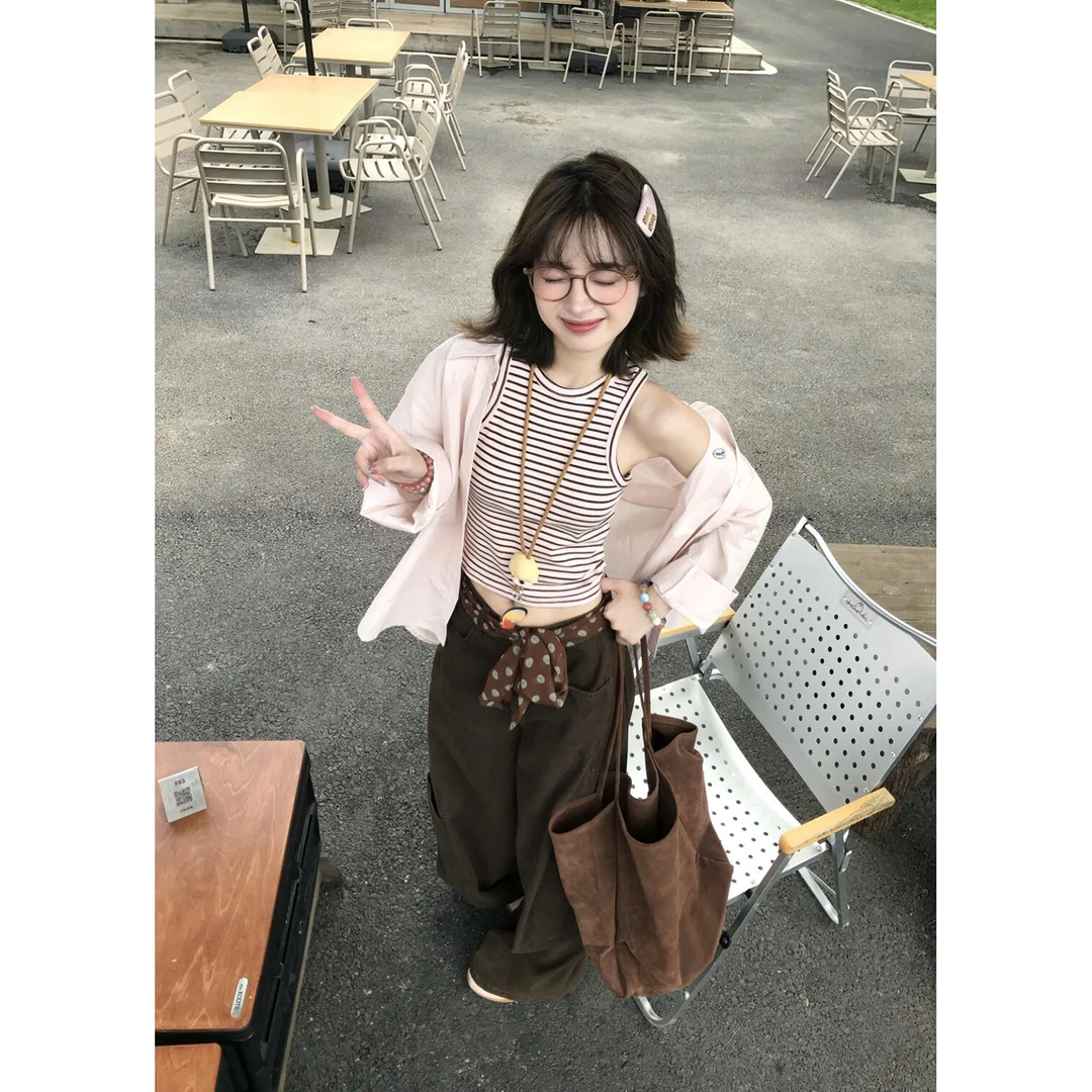 梦晓灵粉色韩系撞色条纹工字型背心女夏季百搭上衣潮 外穿无袖