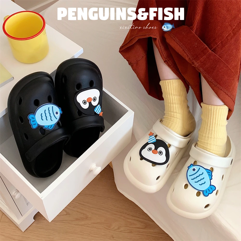 细细条 沙滩夏情侣休闲个性男女拖鞋海边可爱企鹅小鱼厚底洞洞鞋