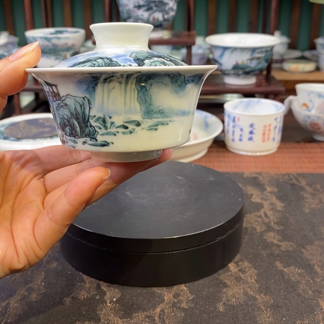 手工陶瓷柴窑青绿山水盖碗