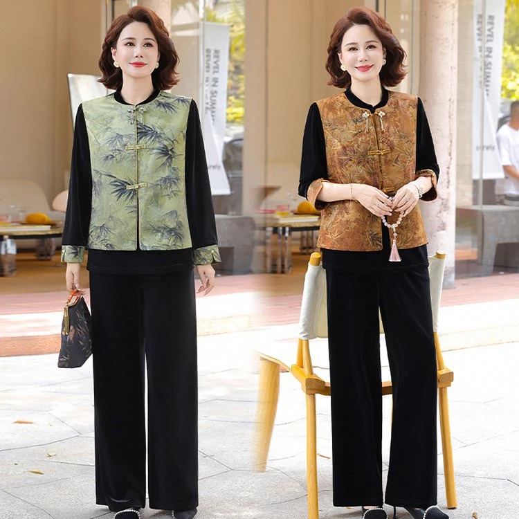 竹叶中老年女装胖妈妈秋款三件套时尚马甲金丝绒秋装宽松贵气洋气