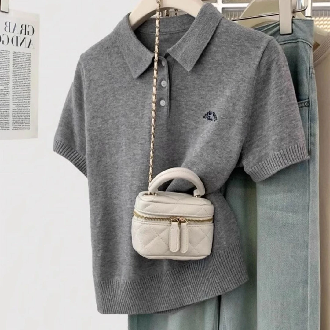 灰色针织短袖T恤女夏季正肩polo衫气质休闲韩版上衣加宽加大女装