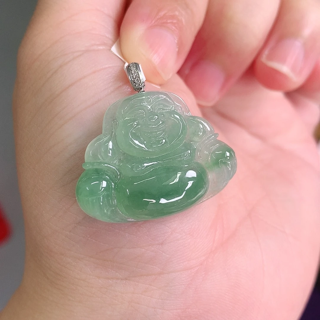 翡翠18K金镶嵌颈饰冰晴飘绿佛公25-30-5.3如