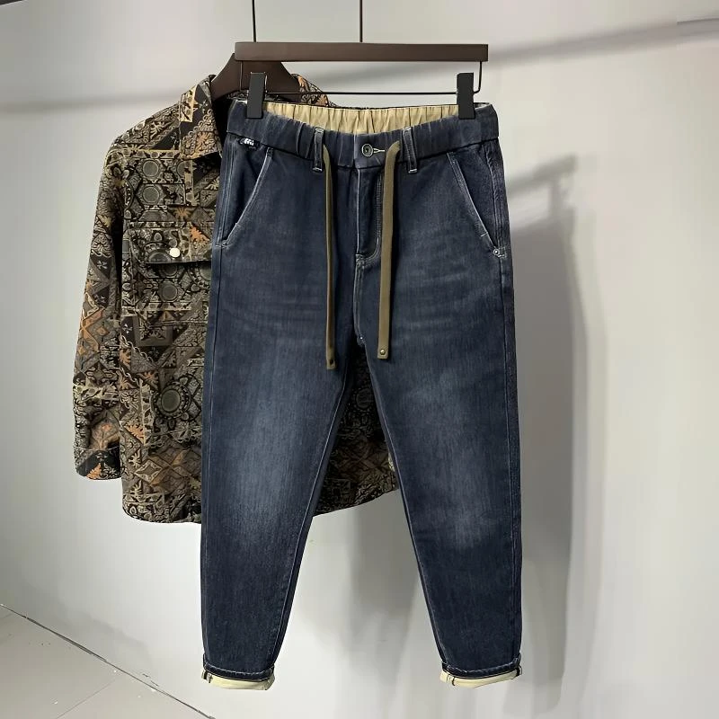 抽绳工装裤休闲百搭春秋气质长裤潮流牛仔裤耐磨小脚裤男牛仔裤子