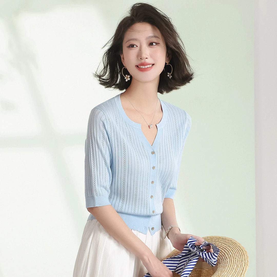 赛兔25春夏新款百搭简约树坑条镂空中袖女士开衫245251001