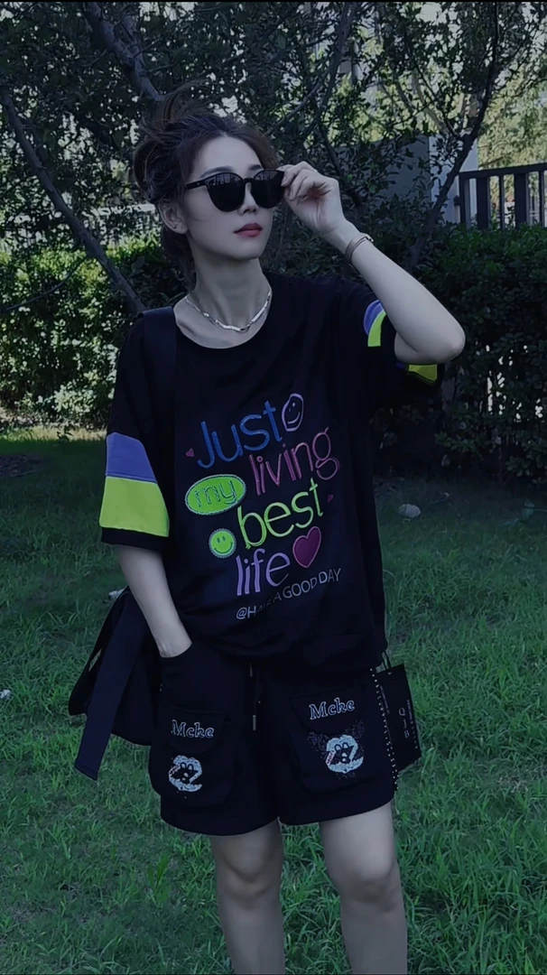 韩版薄款潮牌女夏季印花宽松刺绣拼色钉珠通勤风百搭青春流行短袖