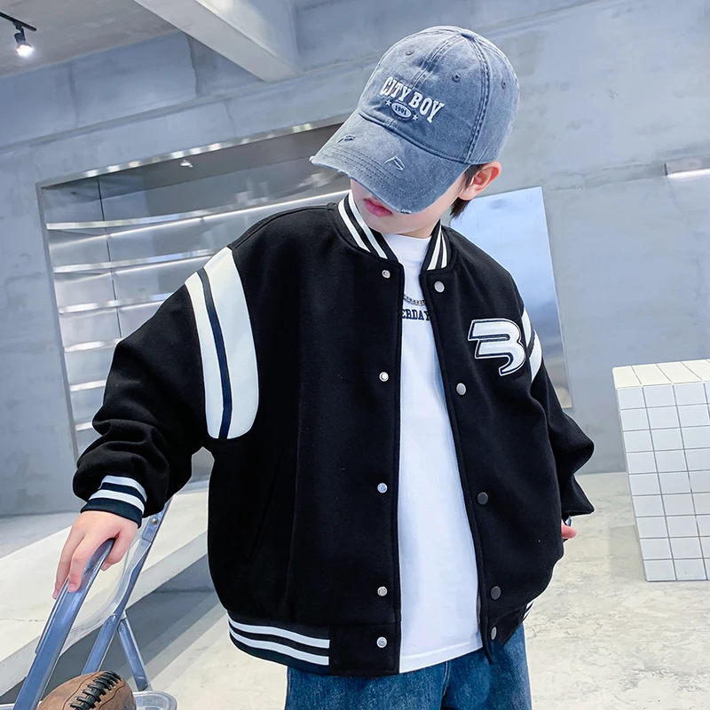 男童黑色刺绣棒球服外套春秋款2025新款儿童帅气休闲夹克中大童15