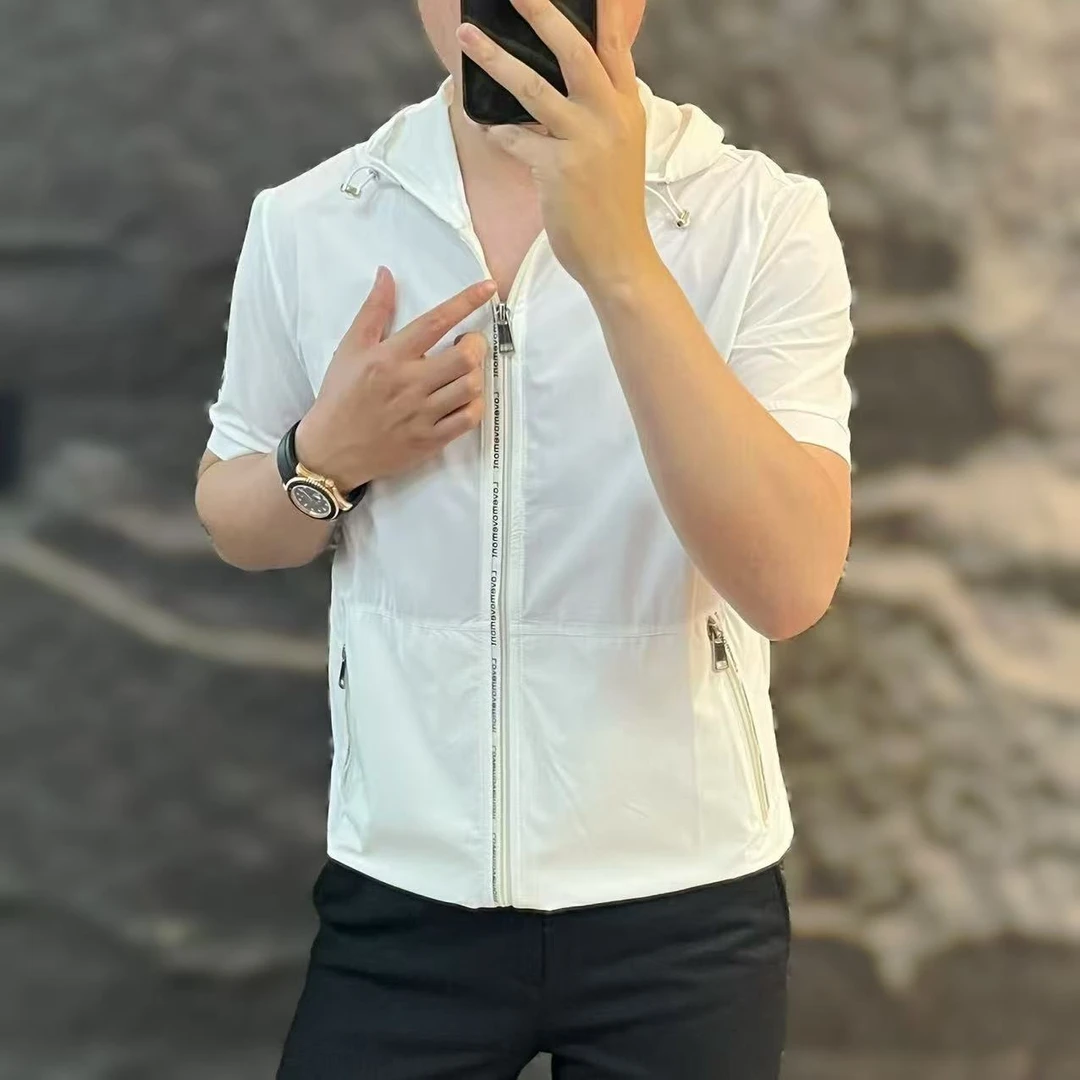 新款高端男士潮流百搭个性休闲短袖连帽开衫外套夏季