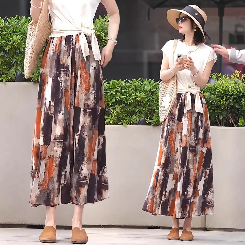 九分冰丝薄款百搭裙裤高腰女2025洋气垂坠感晕染印花雪纺阔腿裤子