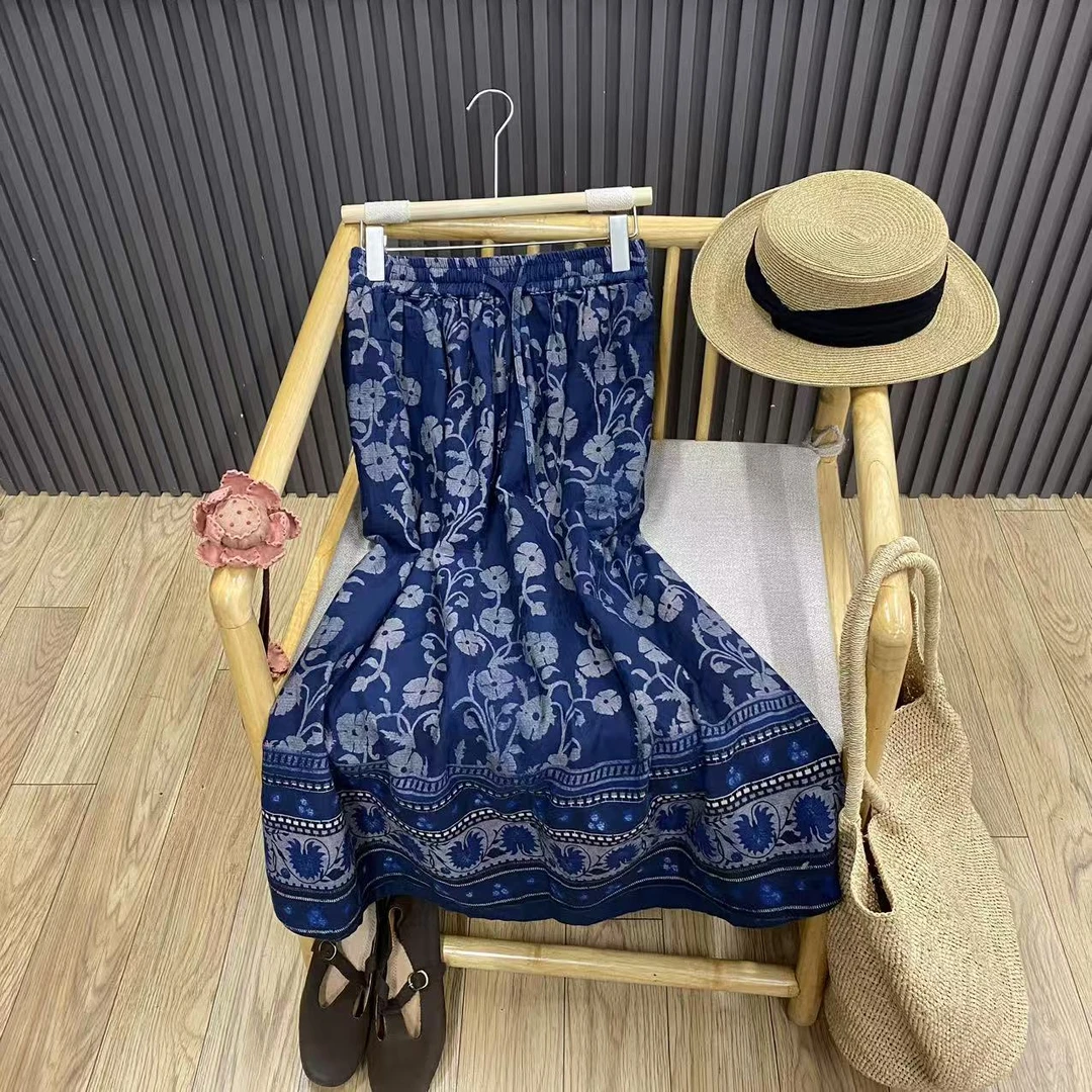 早秋复古印花纯棉半身裙宽松百搭文艺中长款A字裙女Q99702a
