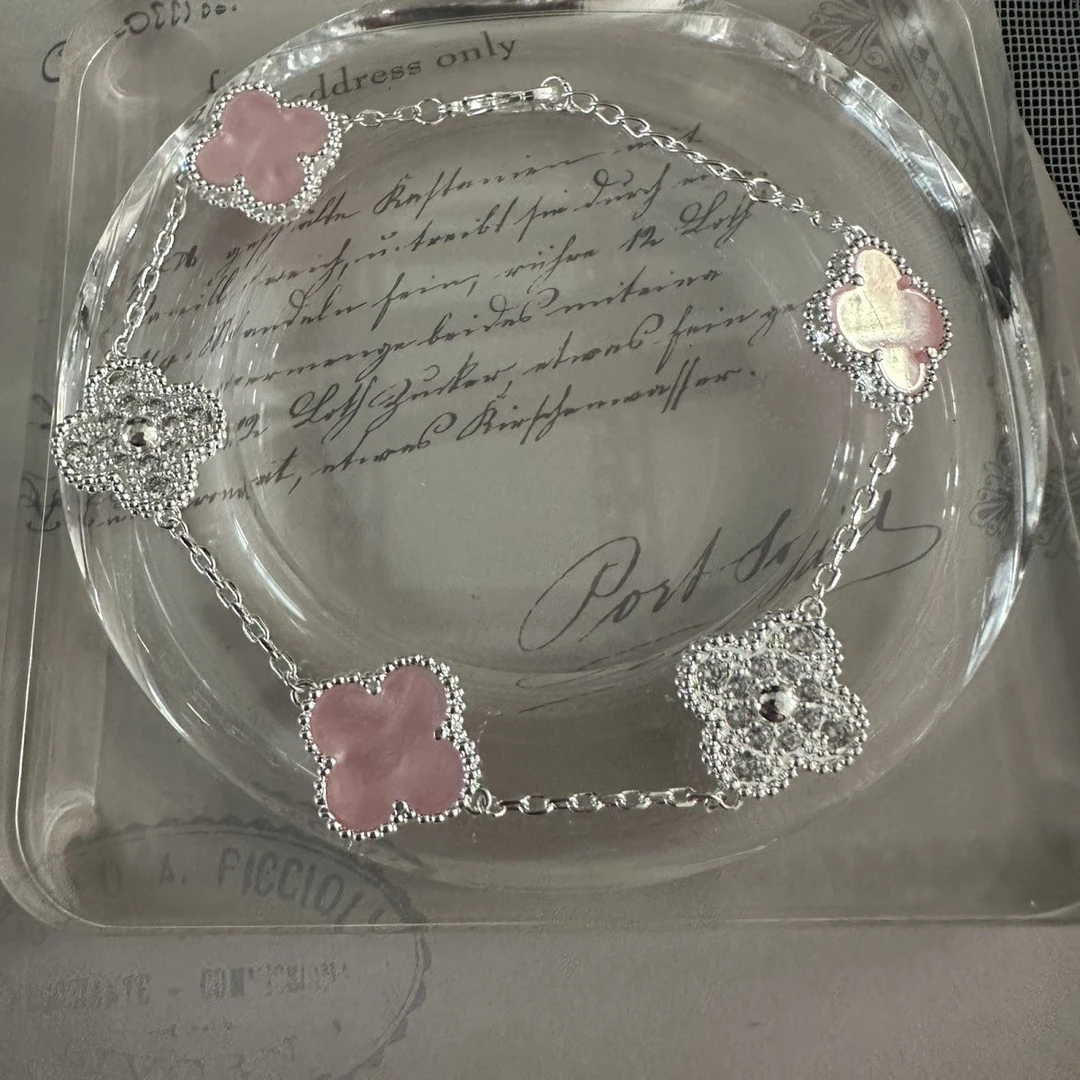 足银手链 足银9999满钻四叶草粉银双拼手链女ins轻奢感小众手串