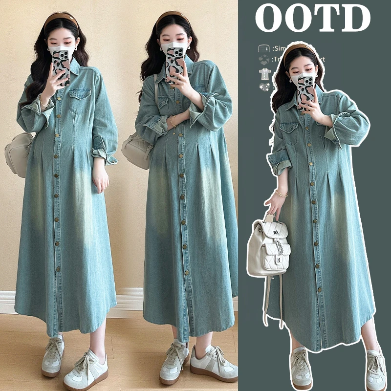 孕妇春装气质长裙显瘦长袖法式牛仔韩范连衣裙中长款韩版秋季春季