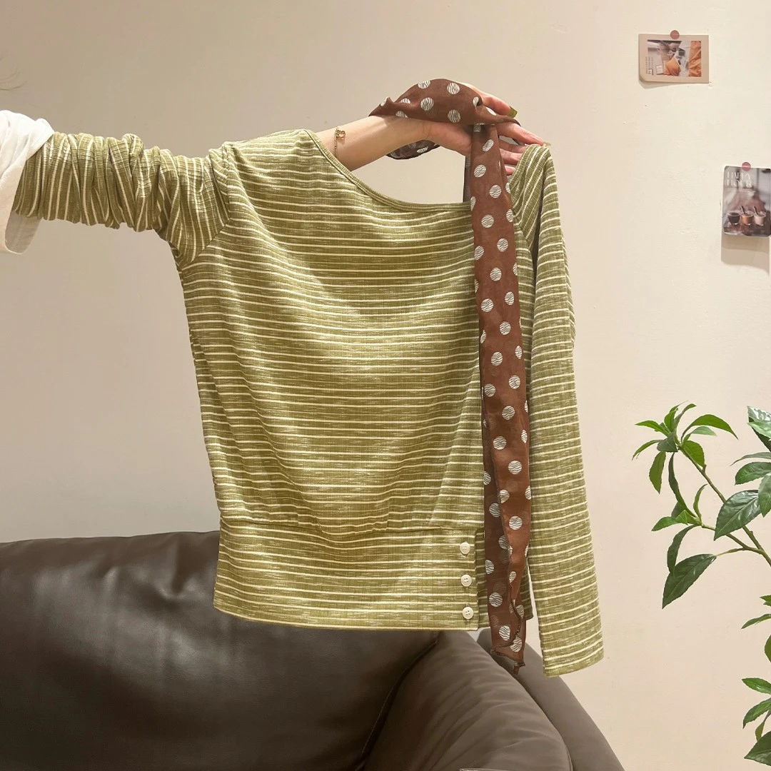 美式辣妹条纹斜肩长袖t恤女秋季新款纯欲露肩宽松慵懒感上衣