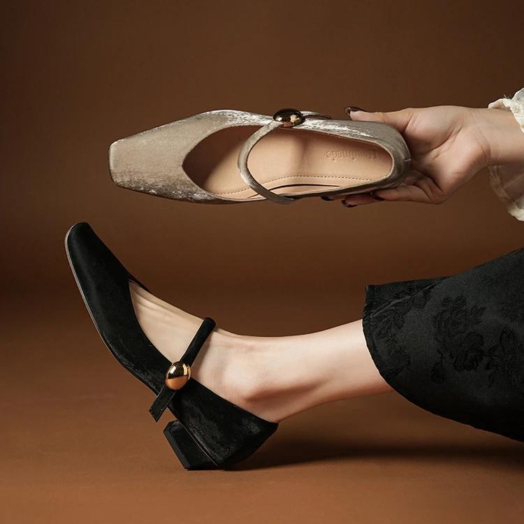 全真皮~3cm国风丝绸牛皮方头浅口单鞋温柔一字带玛丽珍鞋洋气女鞋