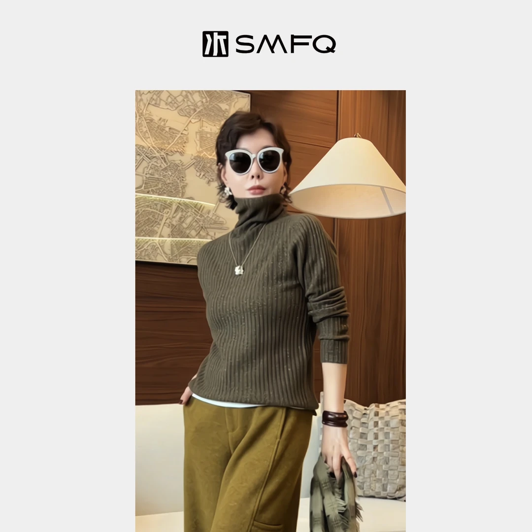 水木夫妻“织梦”100%黄金羊毛 撒银竖坑条秋冬高领针织羊毛衫