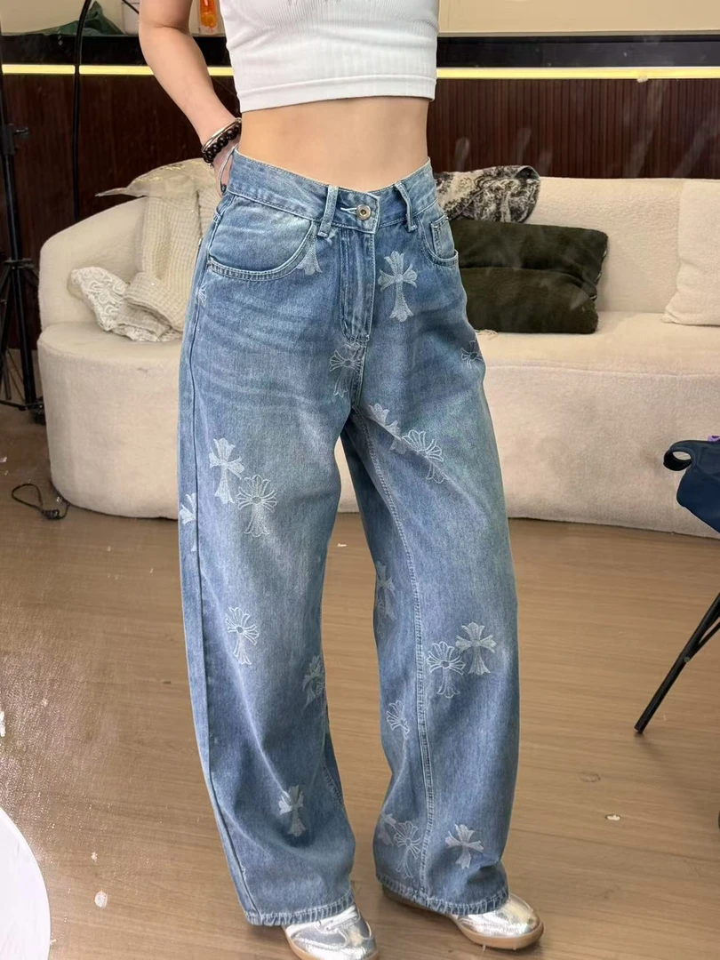 提花克罗星复古高腰直筒牛仔裤2025新款刺绣宽松显瘦裤子