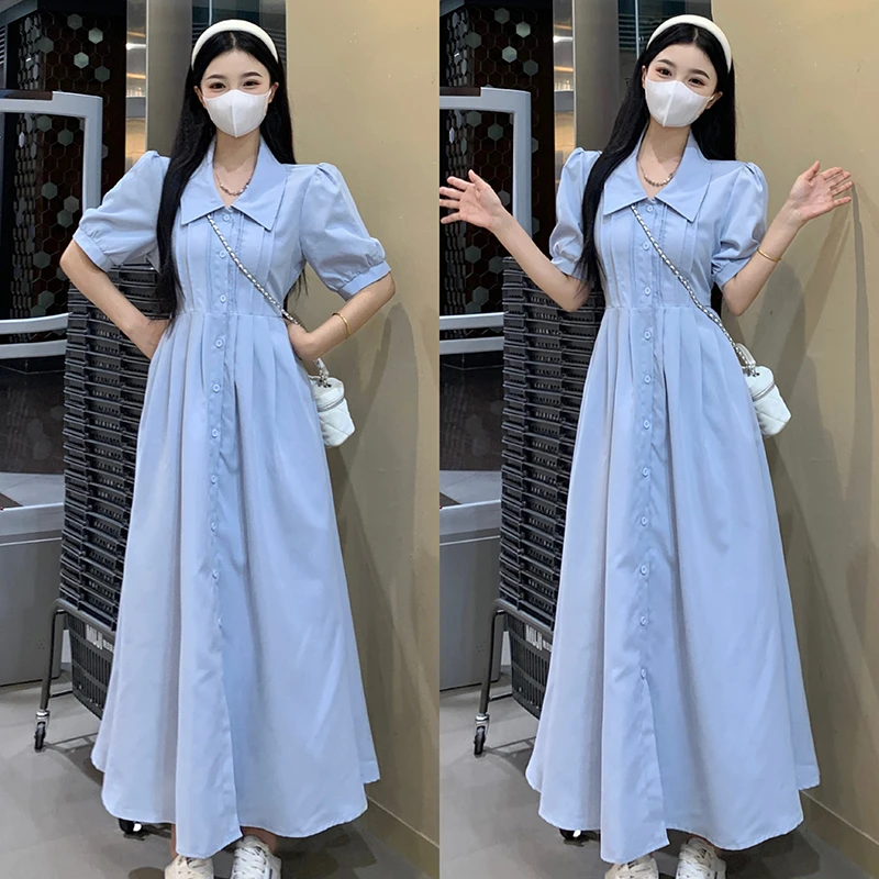 大码女装夏时尚茶歇法式高级感气质收腰显瘦娃娃领蓝条衬衫连衣裙
