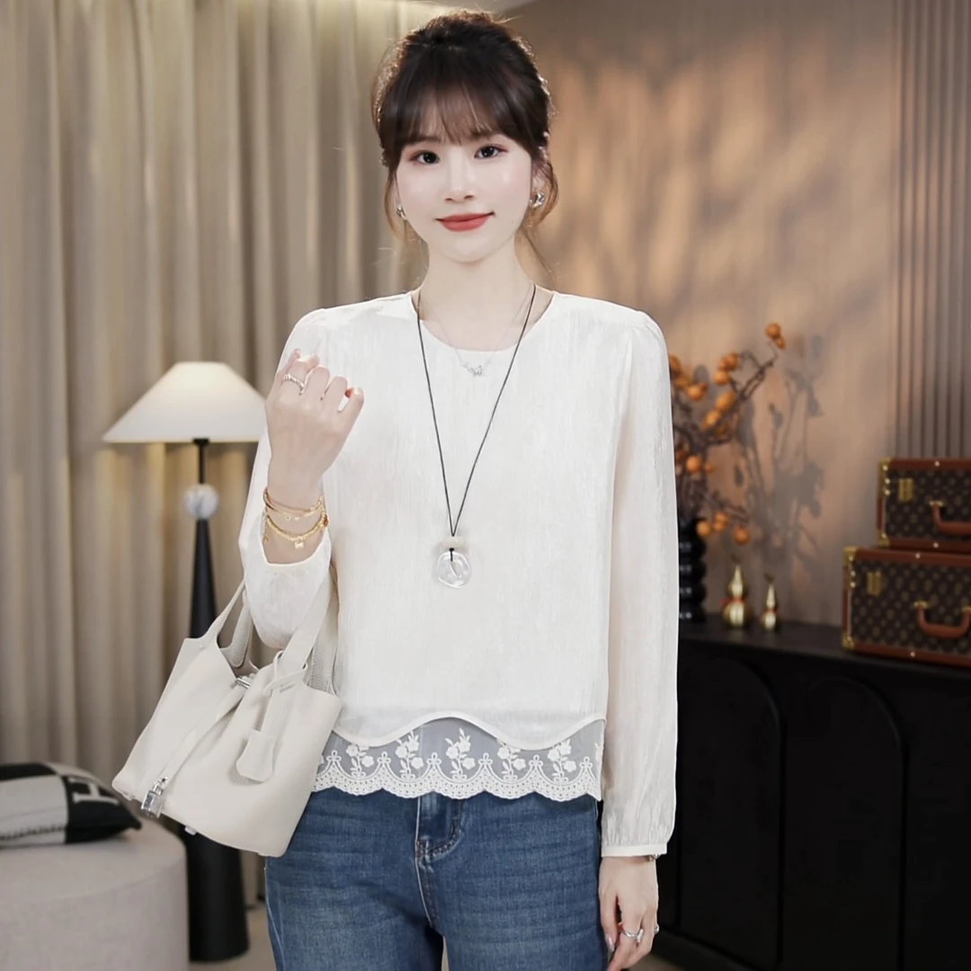 LMENY“小欢喜”醋酸圆领拼花边长袖小衫25CC005