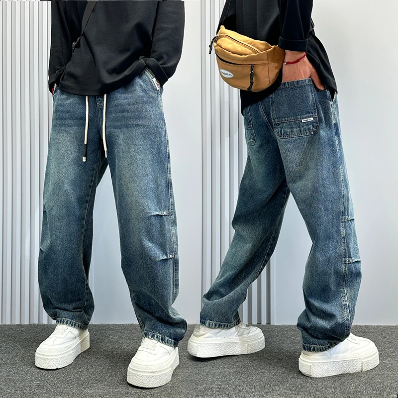 美式潮牌打褶圆月弯刀牛仔裤男款秋冬直筒裤子痞帅褶皱宽松阔腿裤