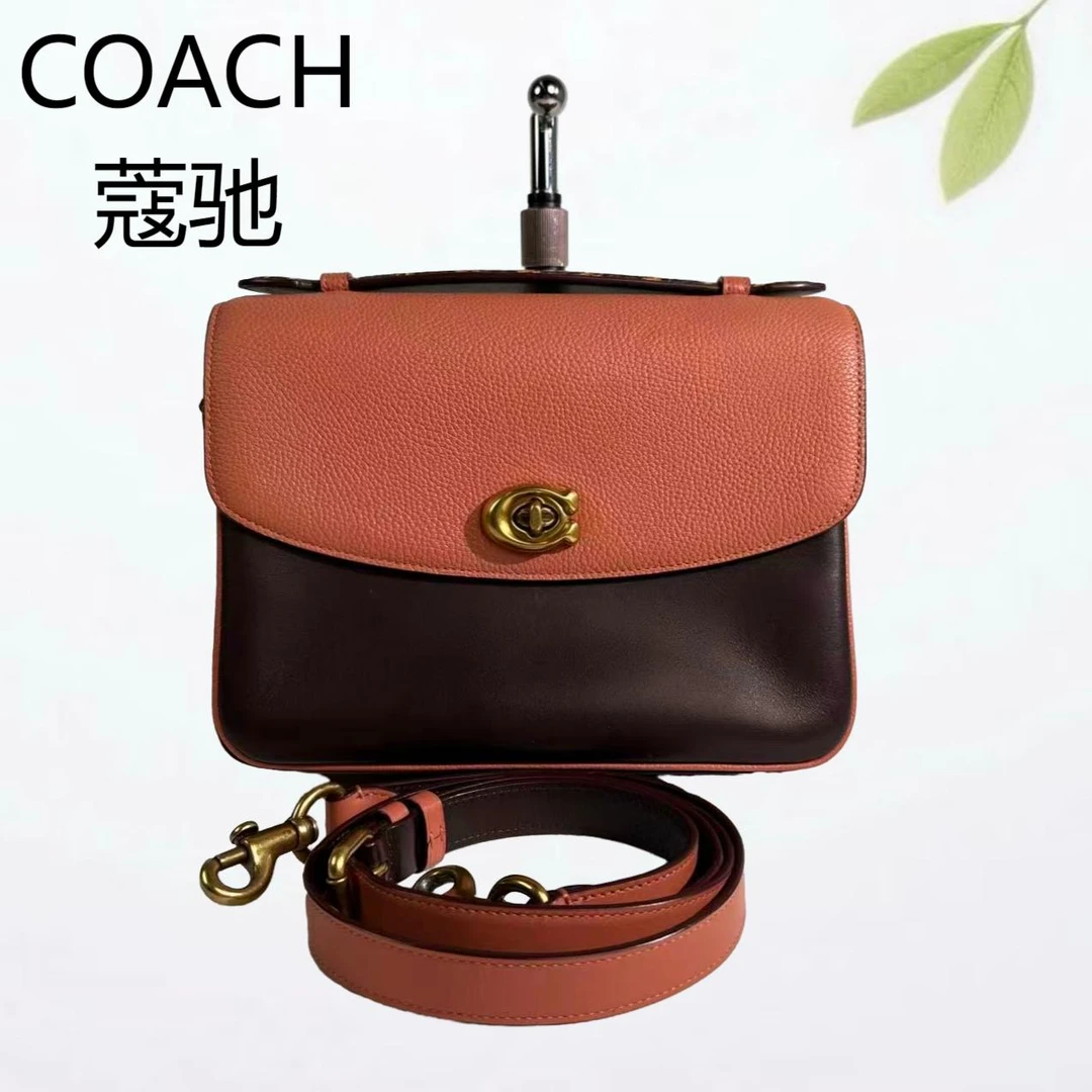 95新 COACH/蔻驰 桃红拼棕手提斜挎包G25804567底长24X17