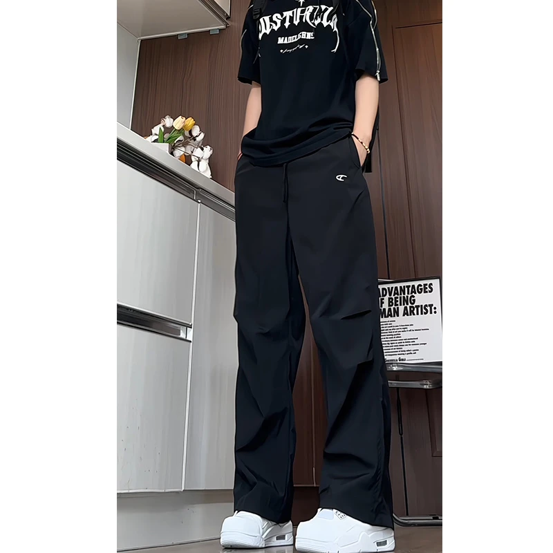 直筒冰丝裤男夏季薄款大码宽松长裤夏天潮牌阔腿垂感速干休闲裤子